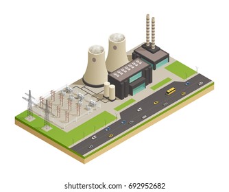 Electric power generation transmission and distribution  facilities network isometric composition with neigboring motorway 3d model vector illustration 