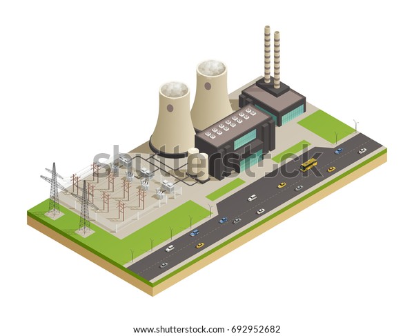 Electric power generation transmission and
distribution  facilities network isometric composition with
neigboring motorway 3d model vector illustration
