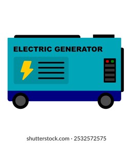 Gerador de energia elétrica com cor azul e tipo com rodas. Carregador de emergência elétrico diesel portátil plano gerador clip art vetor ilustração. fonte de alimentação