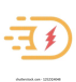 Electric power halftone dotted icon with fast speed effect. Vector illustration of electric power designed for modern abstraction with symbols of speed, rush, progress, energy.
