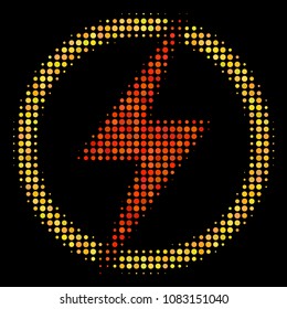 Electric power halftone vector icon. Illustration style is dotted iconic electric power symbol on a black background. Halftone matrix is constructed of spheric cells.