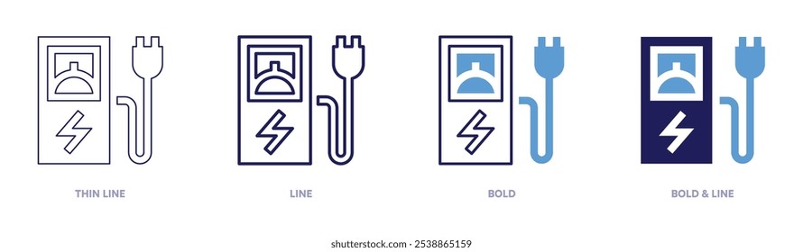 Elektrische Energie-Symbol in 4 verschiedenen Stilen. Dünne Linie, Linie, Fett und Fette Linie. Duotone-Stil. Bearbeitbarer Strich.