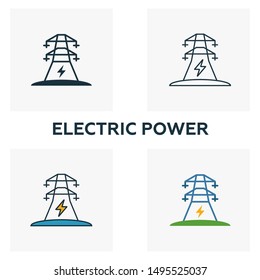 Electric Power icon set. Four elements in diferent styles from power and energy icons collection. Creative electric power icons filled, outline, colored and flat symbols.
