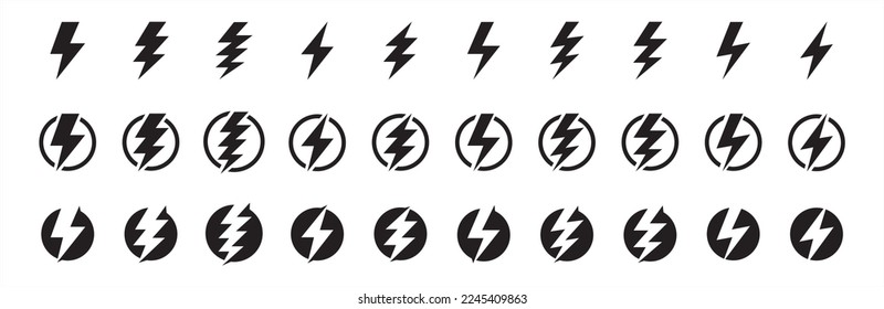 Electric power icon. Thunder bolt lightning icons set. Flash lightning sign vector collection. Various vector stock symbol illustration of thunderbolt electric flashes in circle and outline.