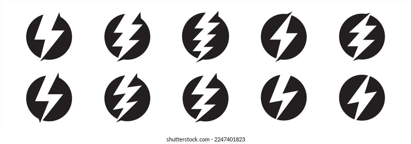 Electric power icon. Thunder bolt lightning icons set. Flash lightning sign vector collection. Various vector stock symbol illustration of thunderbolt electric flashes in negative space design style