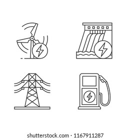 Electric power industry linear icons set. High voltage electric line, wind and water energy, electric vehicle charging station. Isolated vector outline illustrations. Editable stroke