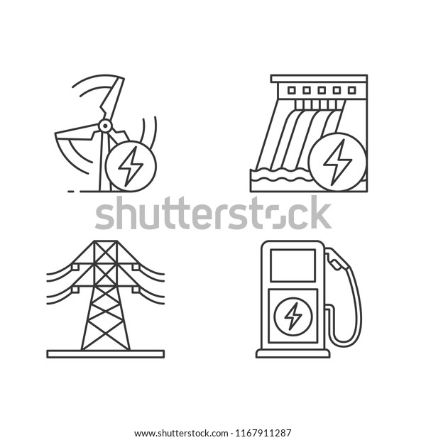 Electric\
power industry linear icons set. High voltage electric line, wind\
and water energy, electric vehicle charging station. Isolated\
vector outline illustrations. Editable\
stroke