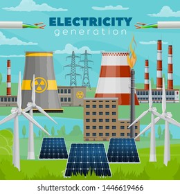 Electric Power Industry Vector Design Of Electricity Generation Power Plants. Wind Energy Turbines And Solar Panels, Gas, Nuclear, Thermal And Coal Power Plants, Cooling Towers, Pipes And Poles