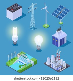 Electric power isometric icons. Energy generator, solar panels and thermal power plant, hydropower station. Electrical vector symbols. Illustration isometric solar panel, power generator and turbine