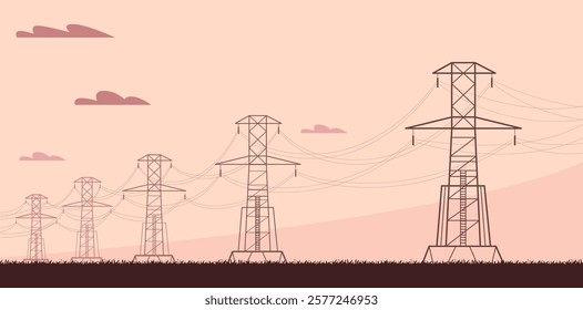 Electric power line. High voltage electricity transmission network with metal pylons and cables, industrial landscape with power supply grid. Vector energy illustration.