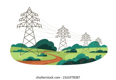 Electric power lines with overhead high voltage cables and transmission towers. Electricity energy distribution powerlines with poles and wires. Flat vector illustration isolated on white background