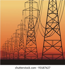 Electric power lines and sunrise, vector illustration