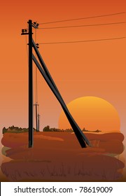 Electric power lines at sunset. Vector illustration. EPS10