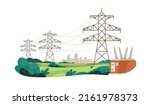 Electric power lines transmitting electricity to city. High voltage transmission cables, suspended wires, towers. Powerlines delivering energy. Flat vector illustration isolated on white background