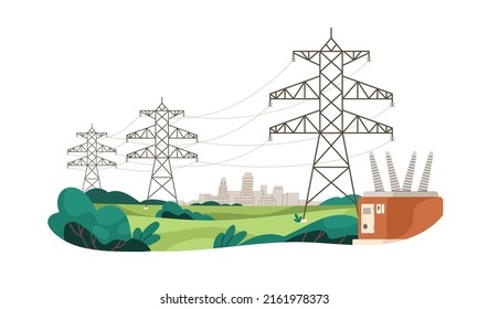 Electric power lines transmitting electricity to city. High voltage transmission cables, suspended wires, towers. Powerlines delivering energy. Flat vector illustration isolated on white background
