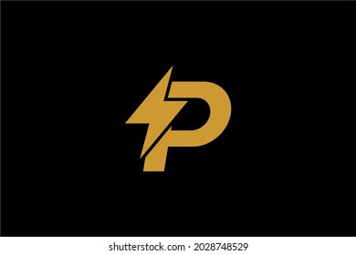 Vector de diseño de logotipo de potencia eléctrica. Símbolo abstracto de trueno amarillo. Iconos vectoriales de la letra P del monograma y del tornillo.