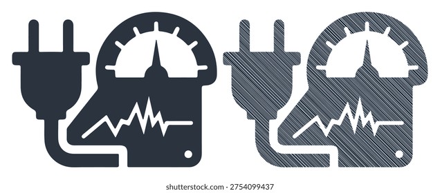 Electric power meter icon showing a plug, measuring electricity consumption and energy.