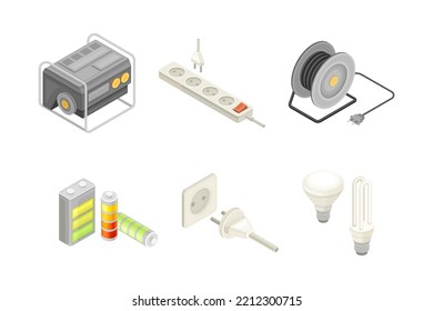 Electric Power Objects with Accumulator, Plug and Socket, Battery and Lightbulb Isometric Vector Set