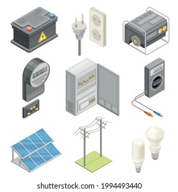 Electric Power Objects with Breaker Box, Socket and Lightbulb Isometric Vector Set