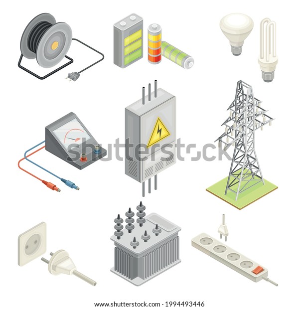 Electric Power Objects with Breaker Box,\
Socket and Lightbulb Isometric Vector\
Set
