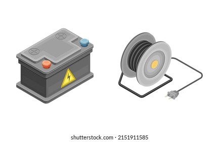 Electric power objects set. Battery and cable isometric vector illustration