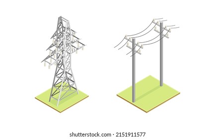 Electric power objects set. High voltage electricity power transmission grid isometric vector illustration