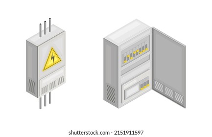 Electric power objects set. Switchboard panel, power control isometric vector illustration