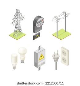 Electric Power Objects with Switchboard Cabinet, Plug and Socket, Lightbulb, Utility Pole and Electricity Meter Isometric Vector Set