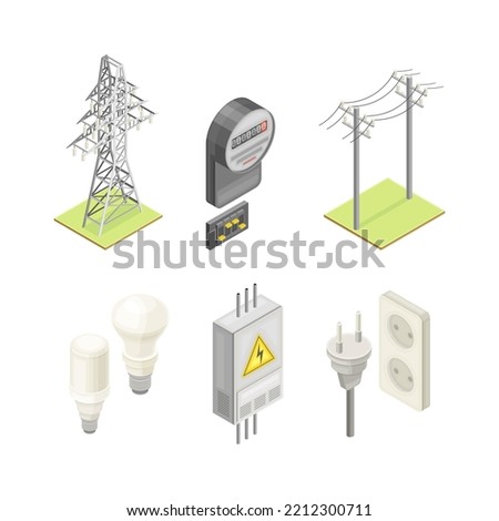 Electric Power Objects with Switchboard Cabinet, Plug and Socket, Lightbulb, Utility Pole and Electricity Meter Isometric Vector Set
