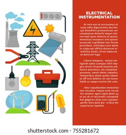 Electric power obtainment and usage promotional poster with sample text, plant pipes, wind generators, simple and economical bulb, solar battery, big tool box and tall tower vector illustrations.