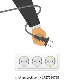 Electric power plug in hand, illustration in flat style. Man holding electric power plug.  Unplug, plugged in wall socket. Electricity concept.