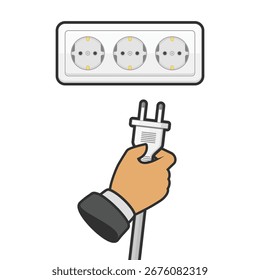 Elektrischer Stecker in der Hand, Illustration im flachen Stil. Mann, der einen elektrischen Stecker hält.  Stecker abziehen, Steckdose eingesteckt. Elektrizitätskonzept.