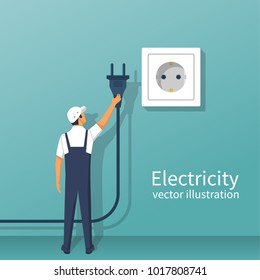 Electric power plug holding in hand. Unplug, plugged in wall socket. Vector illustration flat design.Connecting power plug. Vector flat design. Isolated on white background. Professional electrician.