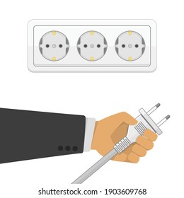 Electric power plug holding in hand illustration in flat style. Man holding electric power plug.  Unplug, plugged in wall socket. Electricity concept.