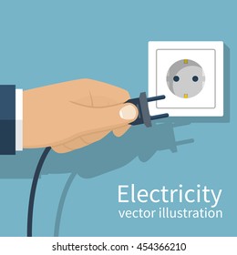 Electric power plug holding in hand. Unplug, plugged in wall socket. Vector illustration flat design. Connecting power plug.