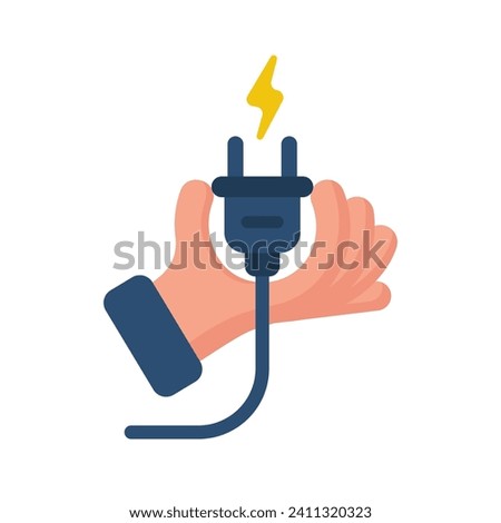 Electric power plug holding in hand. Unplug, plugged. Vector illustration flat design. Connecting power plug. Vector illustration flat design. Isolated on white background.