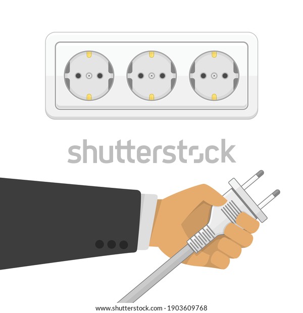 Electric power plug holding in hand illustration\
in flat style. Man holding electric power plug.  Unplug, plugged in\
wall socket. Electricity\
concept.