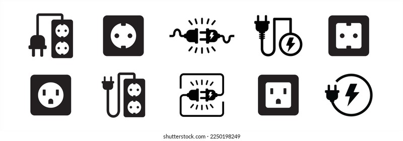 Electric power plug icon set. Electricity socket sign. Electrical symbol element. Vector stock illustration.