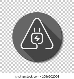 Electric power plug in warning triangle. Simple linear icon with thin outline. One line style. White flat icon with long shadow in circle on transparent background. Badge or sticker style