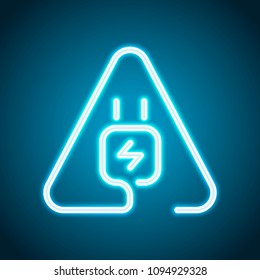 Electric power plug in warning triangle. Simple linear icon with thin outline. One line style. Neon style. Light decoration icon. Bright electric symbol