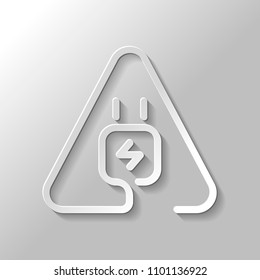 Electric power plug in warning triangle. Simple linear icon with thin outline. One line style. Paper style with shadow on gray background