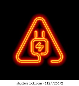 Electric power plug in warning triangle. Simple linear icon with thin outline. One line style. Orange neon style on black background. Light icon
