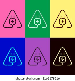 Electric power plug in warning triangle. Simple linear icon with thin outline. One line style. Pop art style. Scratched icons on 6 colour backgrounds. 