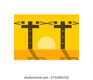 Electric power pole silhouette sunset on yellow rectangle icon flat vector design