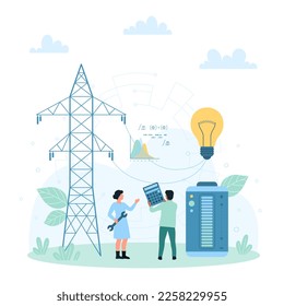 Stromerzeugung und -verteilung, Vektorgrafik. Cartoon winzige Menschen verbinden Glühbirne, Batterie mit Hochspannungsleitung auf Stahlturm durch Drähte, Elektrizitätsinfrastruktur