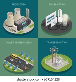 Electric power production generating transmission transformation substation and consumption concept 4 isometric icons square isolated vector illustration 