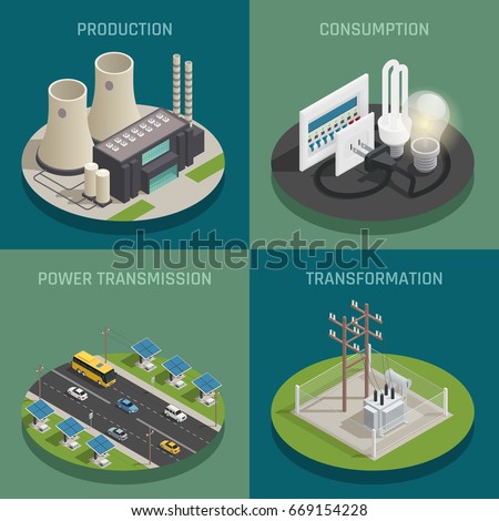 Electric power production generating transmission transformation substation and consumption concept 4 isometric icons square isolated vector illustration 