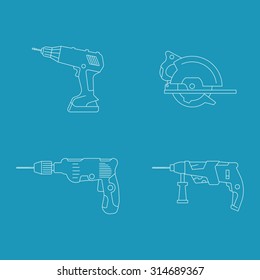 Electric power professional tools set on blue background. Vector hand drill and screw driver. Construction design. Industrial object icon and pictogram.