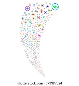 Electric Power random fireworks stream. Vector illustration style is flat bright multicolored iconic symbols on a white background. Object fountain done from scattered icons.