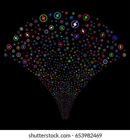 Electric Power salute stream. Vector illustration style is flat bright multicolored iconic symbols on a black background. Object explosion fountain done from random pictographs.